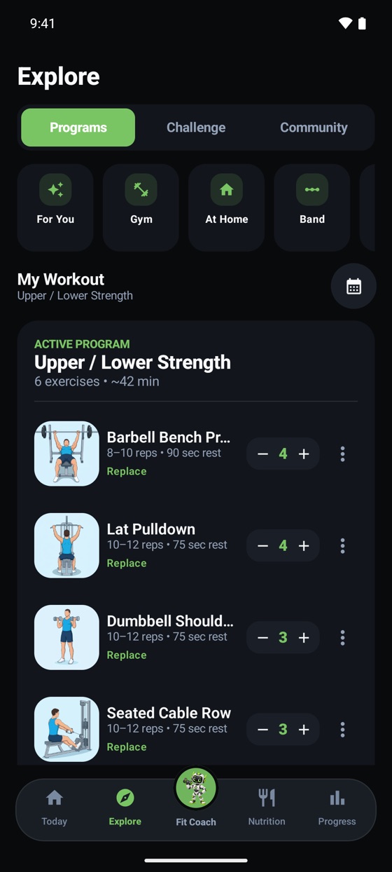 Workout program: six exercises with animated previews