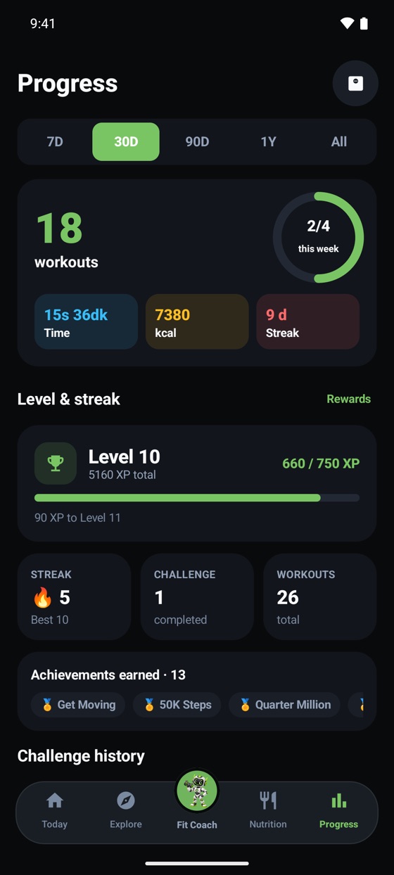 Progress: level, XP and badges