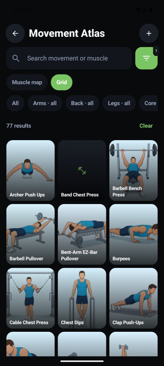 Exercise atlas grid view: exercise cards filtered by muscle