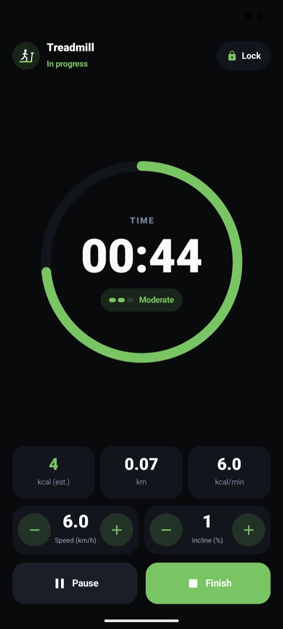 Treadmill session: time ring, speed and incline