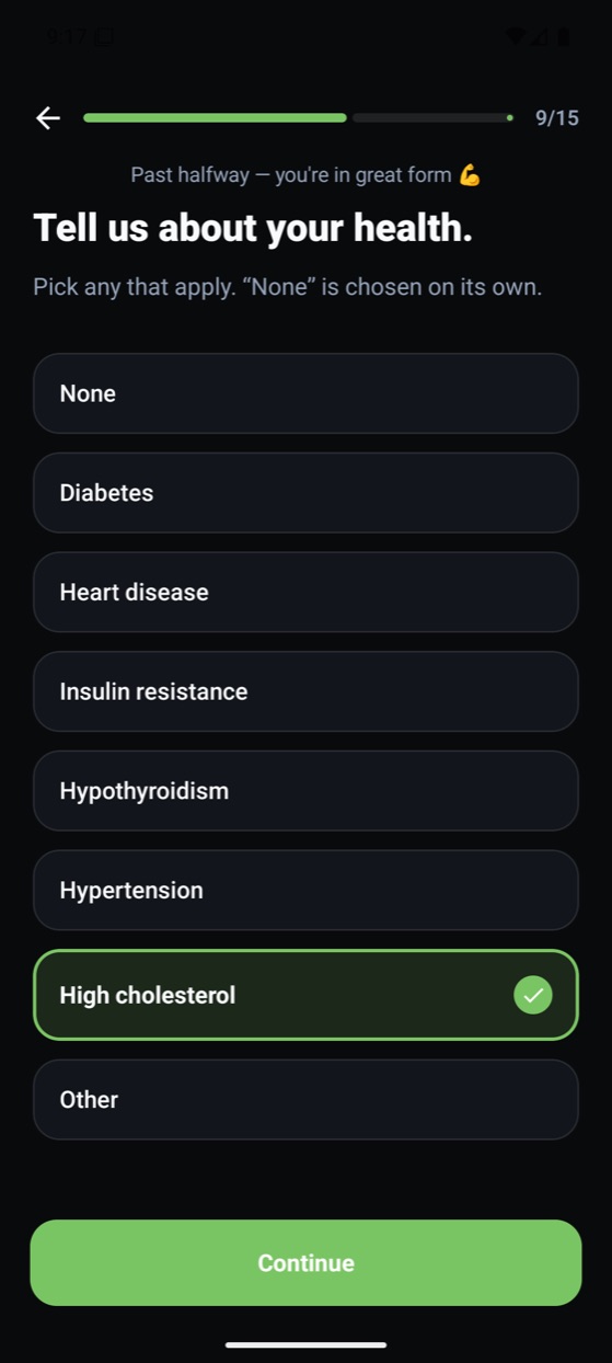 Setup questions: health conditions