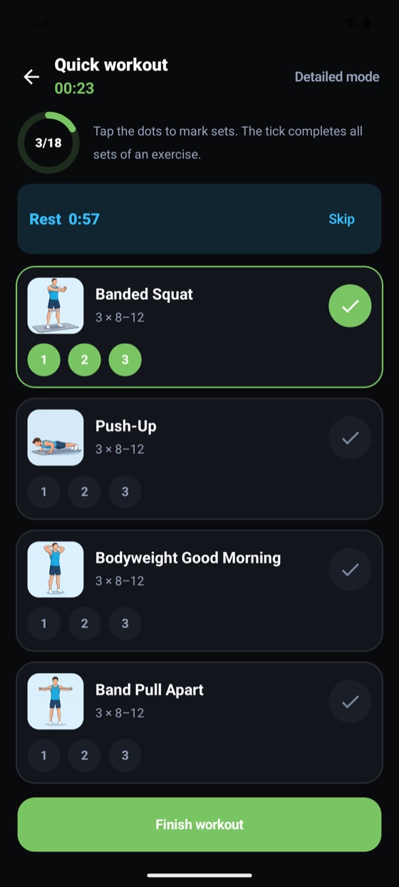 Workout session, quick mode: mark sets, the rest timer runs