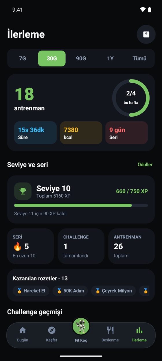 İlerleme: seviye, XP ve rozetler