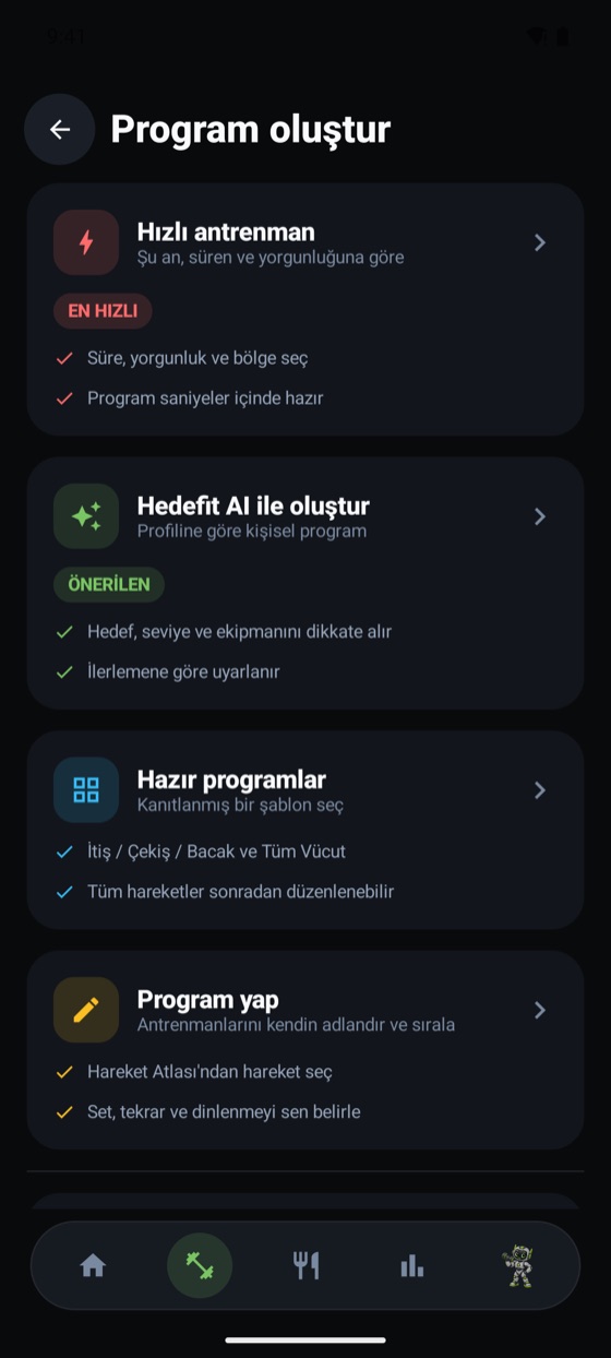 Program oluştur: Hedefit AI ile oluştur
